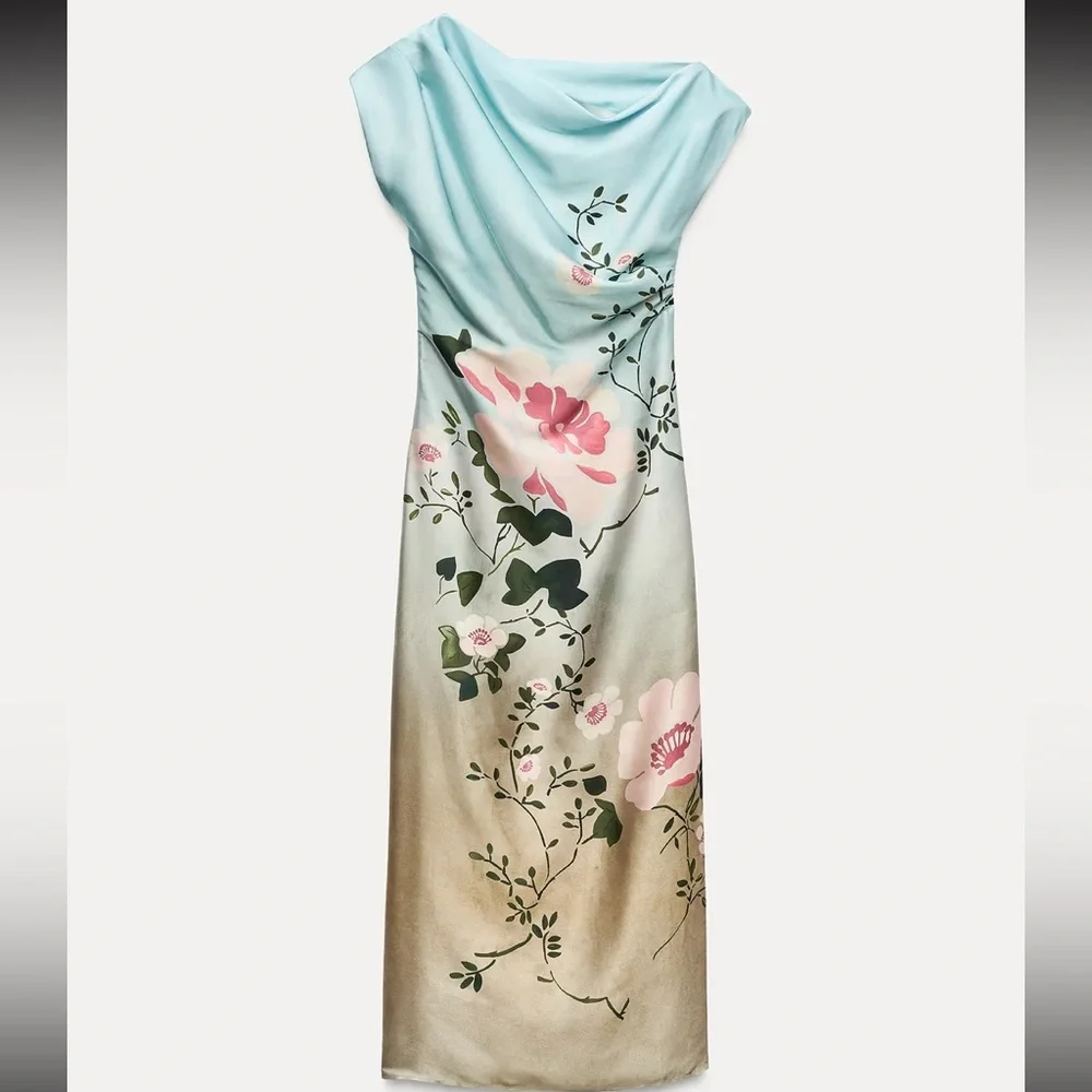 As seen on red carpet! Zara SATIN EFFECT ASYMMETRIC FLORAL MIDI / MAXI DRESS XS - Picture 1 of 3